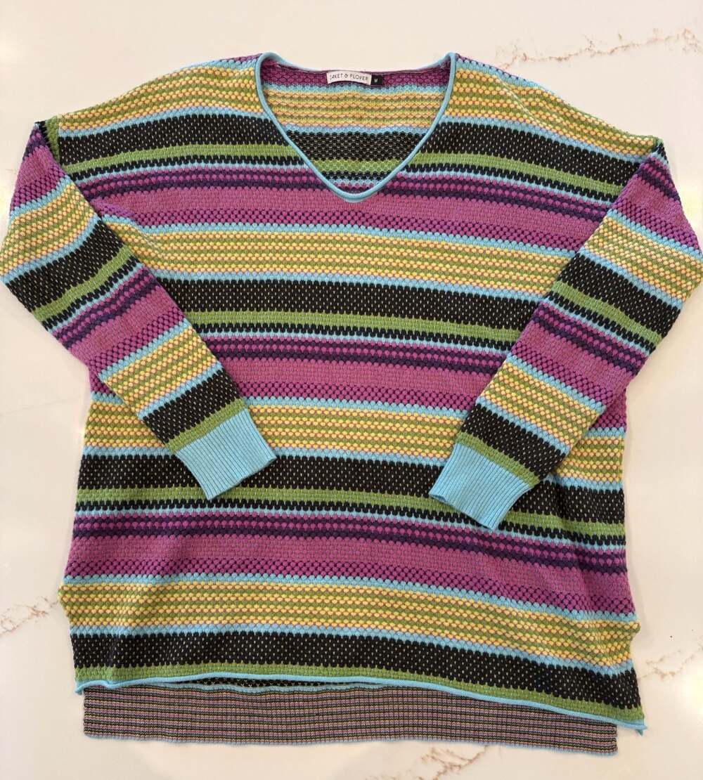 Zaket & Plover Multi-Color Striped Cotton Cashmere V-Neck Sweater Size M